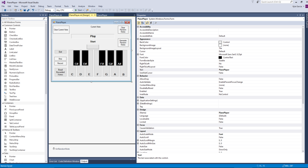 Piano Player Application Design and Implementation in VB.NET.